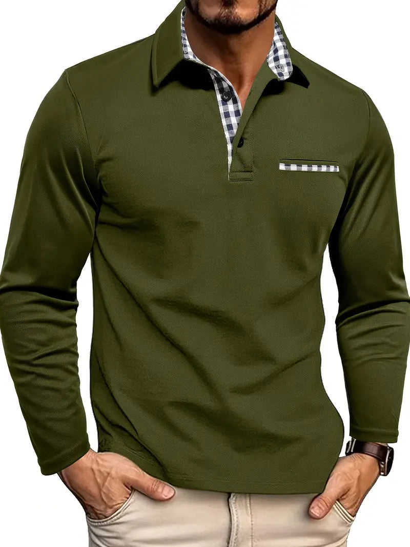Men's Long Sleeve Polo Shirt, Smart Casual Knitted Collared Top with Chest Pocket 2