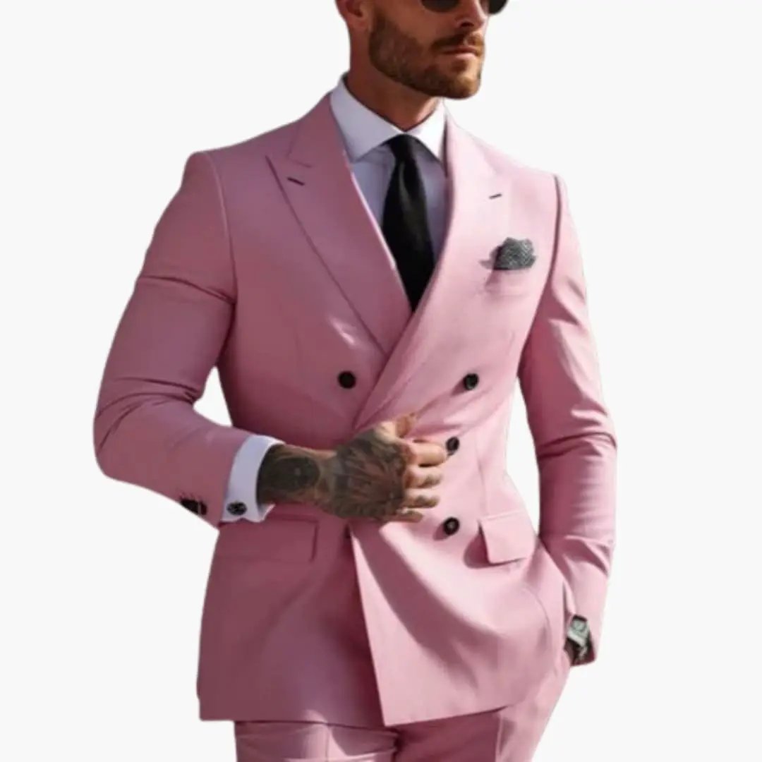 Men's 2 Piece Double-Breasted Suit, Slim Fit Tailored Blazer & Trousers Set for Formal 23