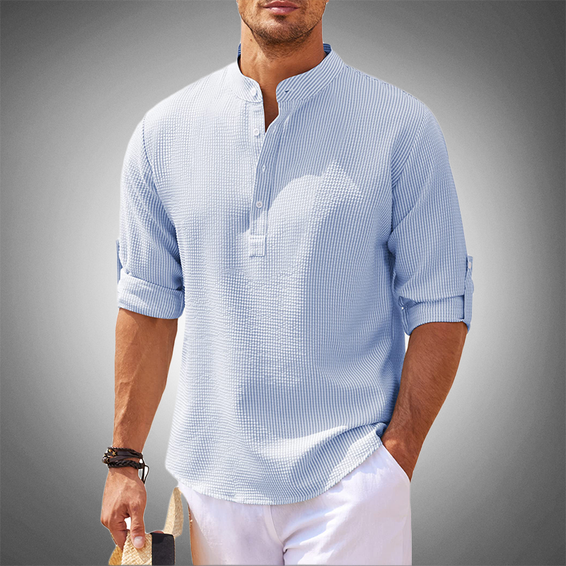 Men's Textured Band Collar Shirt, Long Sleeve Casual Beach Summer Holiday Shirt 4