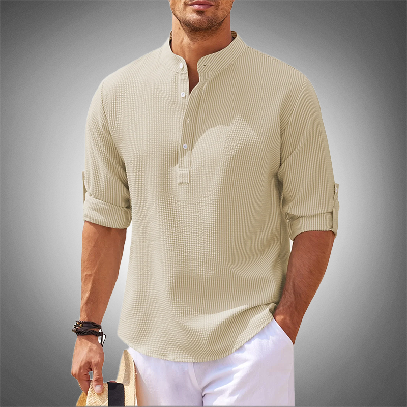 Men's Textured Band Collar Shirt, Long Sleeve Casual Beach Summer Holiday Shirt 5