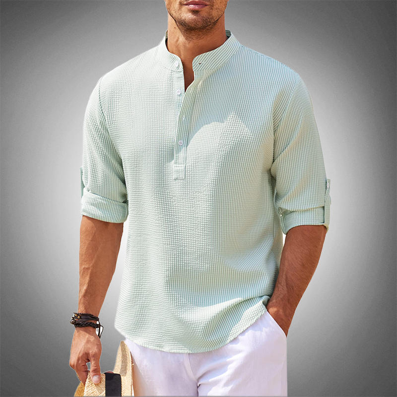 Men's Textured Band Collar Shirt, Long Sleeve Casual Beach Summer Holiday Shirt 6