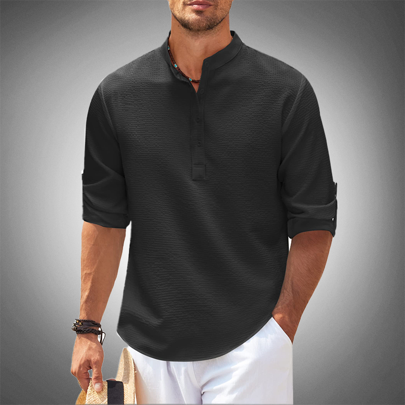 Men's Textured Band Collar Shirt, Long Sleeve Casual Beach Summer Holiday Shirt 7