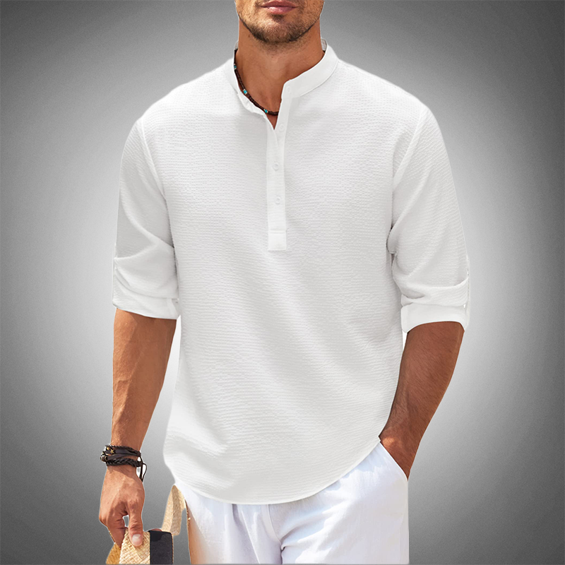 Men's Textured Band Collar Shirt, Long Sleeve Casual Beach Summer Holiday Shirt 8