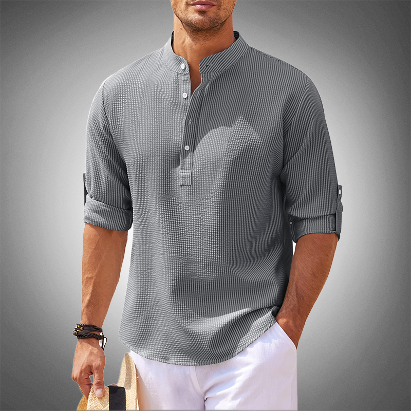 Men's Textured Band Collar Shirt, Long Sleeve Casual Beach Summer Holiday Shirt 3