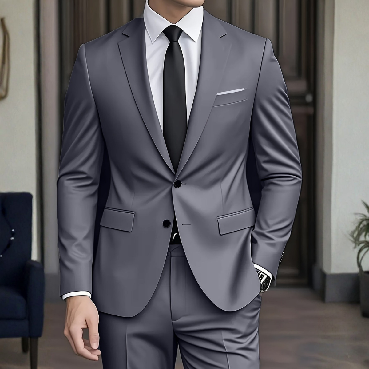 Men's Slim Fit Suit, 2 Piece Tailored Button-Up Blazer & Trousers Set for Formal Events 2