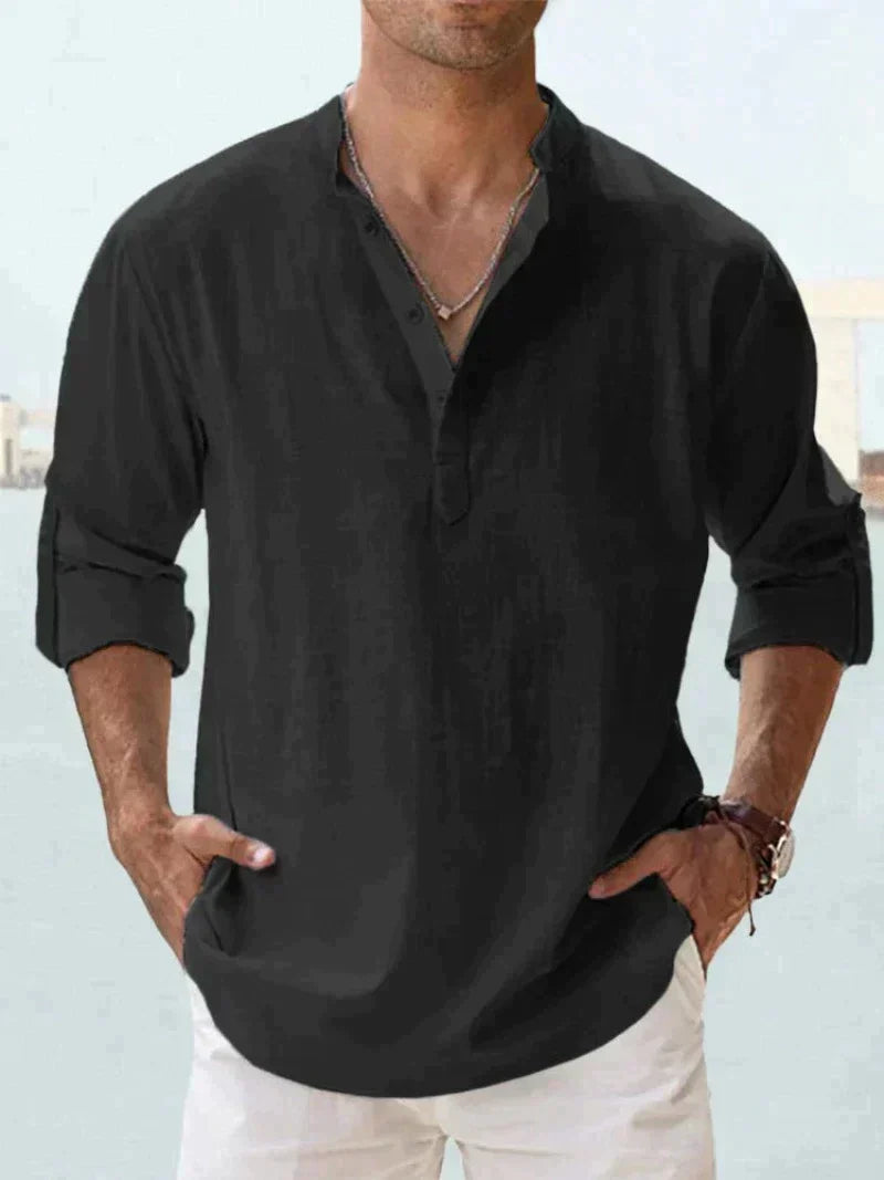 Men's Grandad Collar Shirt, Long Sleeve Loose Fit Band Collar Casual Summer Shirt 2
