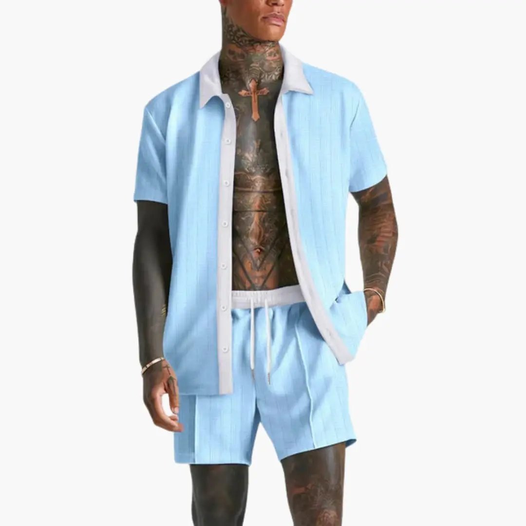 Men's Summer Co-Ord Set, Short Sleeve Shirt & Drawstring Shorts 2 Piece Casual Outfit 5