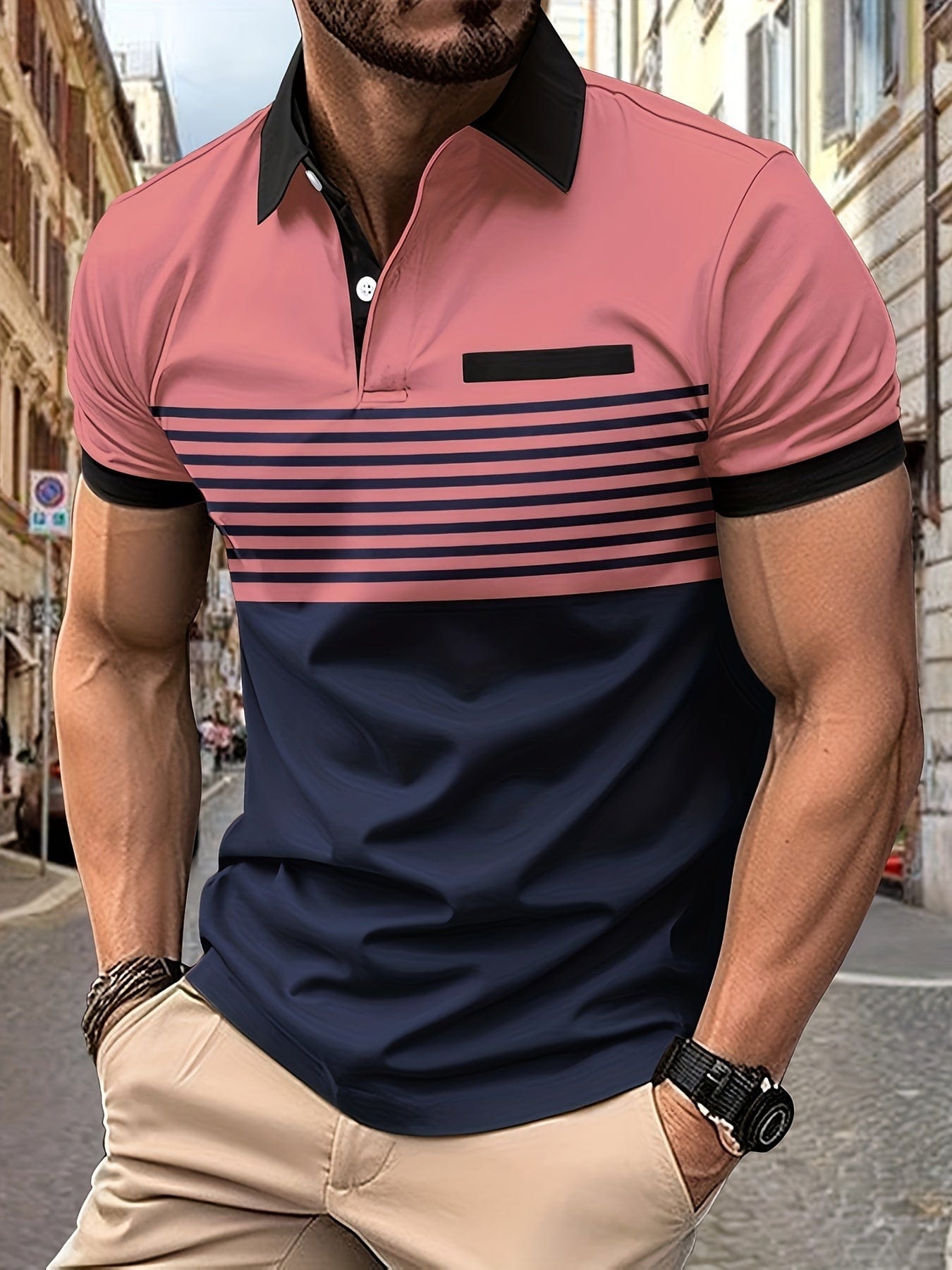 Men's Striped Polo Shirt, Short Sleeve Lightweight Summer Cotton Polo for Casual Wear 11