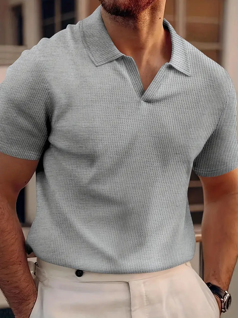 Men's Waffle Knit Polo Shirt, Short Sleeve V-Neck Relaxed Fit Smart Casual Summer Top 2