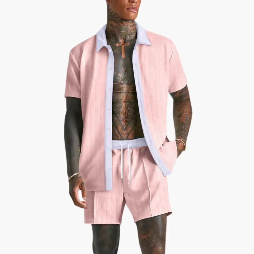 Men's Summer Co-Ord Set, Short Sleeve Shirt & Drawstring Shorts 2 Piece Casual Outfit 3