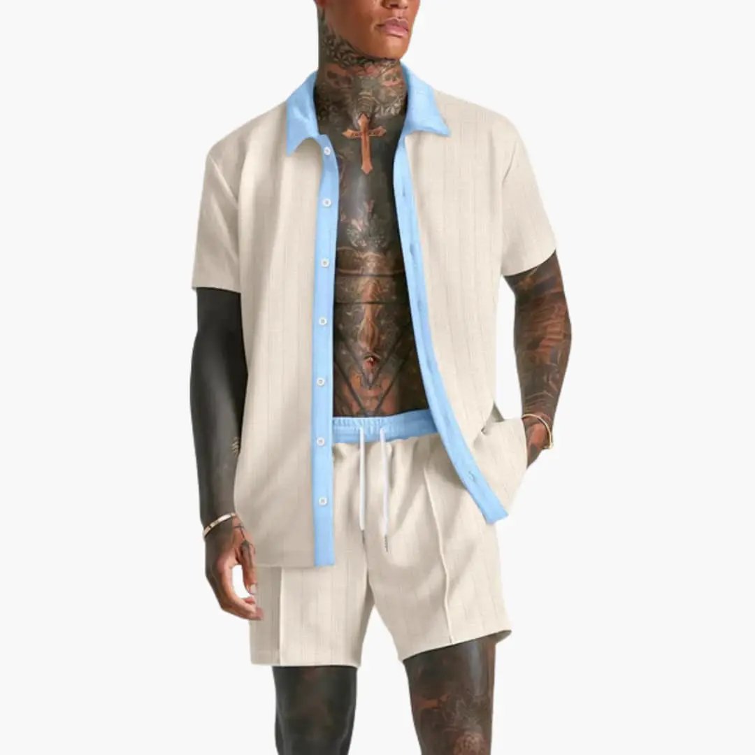 Men's Summer Co-Ord Set, Short Sleeve Shirt & Drawstring Shorts 2 Piece Casual Outfit 4