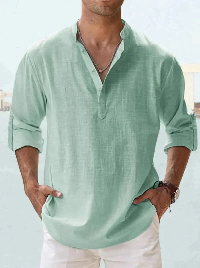Men's Grandad Collar Shirt, Long Sleeve Loose Fit Band Collar Casual Summer Shirt 8