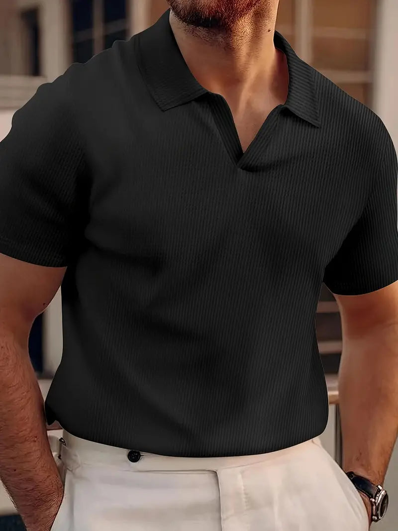 Men's Waffle Knit Polo Shirt, Short Sleeve V-Neck Relaxed Fit Smart Casual Summer Top 3