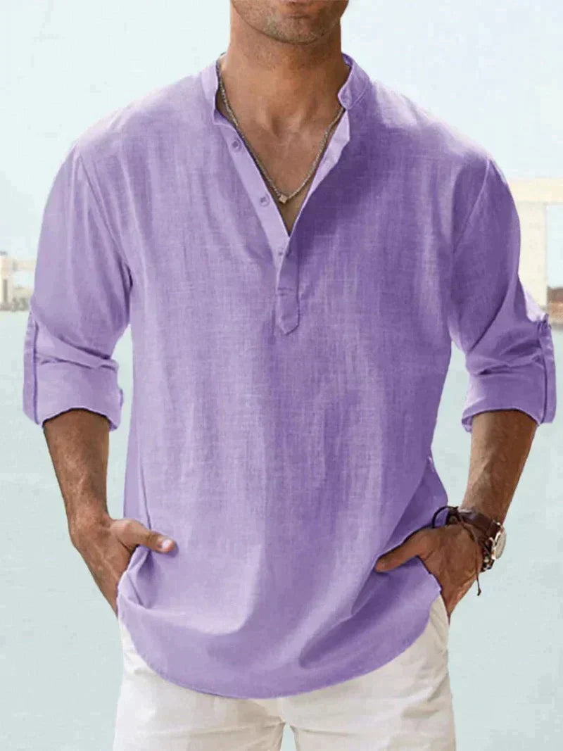 Men's Grandad Collar Shirt, Long Sleeve Loose Fit Band Collar Casual Summer Shirt 6