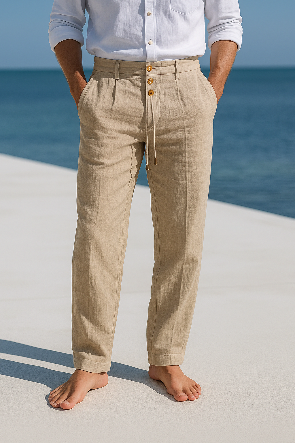 Men's Linen Trousers, Lightweight Drawstring Relaxed Fit Casual Summer Trousers with Pockets 3