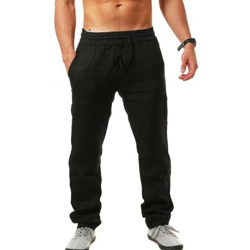Men's Linen Trousers, Relaxed Fit Drawstring Lightweight Summer Beach Pants 3