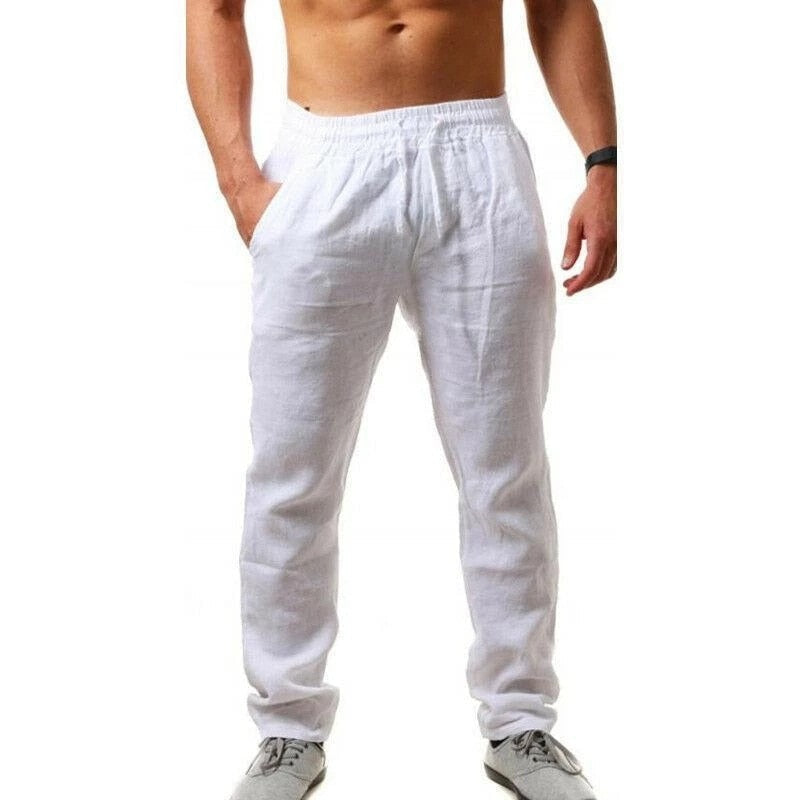 Men's Linen Trousers, Relaxed Fit Drawstring Lightweight Summer Beach Pants 5