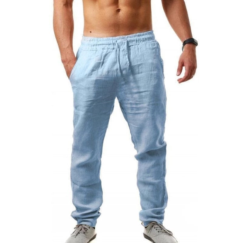 Men's Linen Trousers, Relaxed Fit Drawstring Lightweight Summer Beach Pants 7