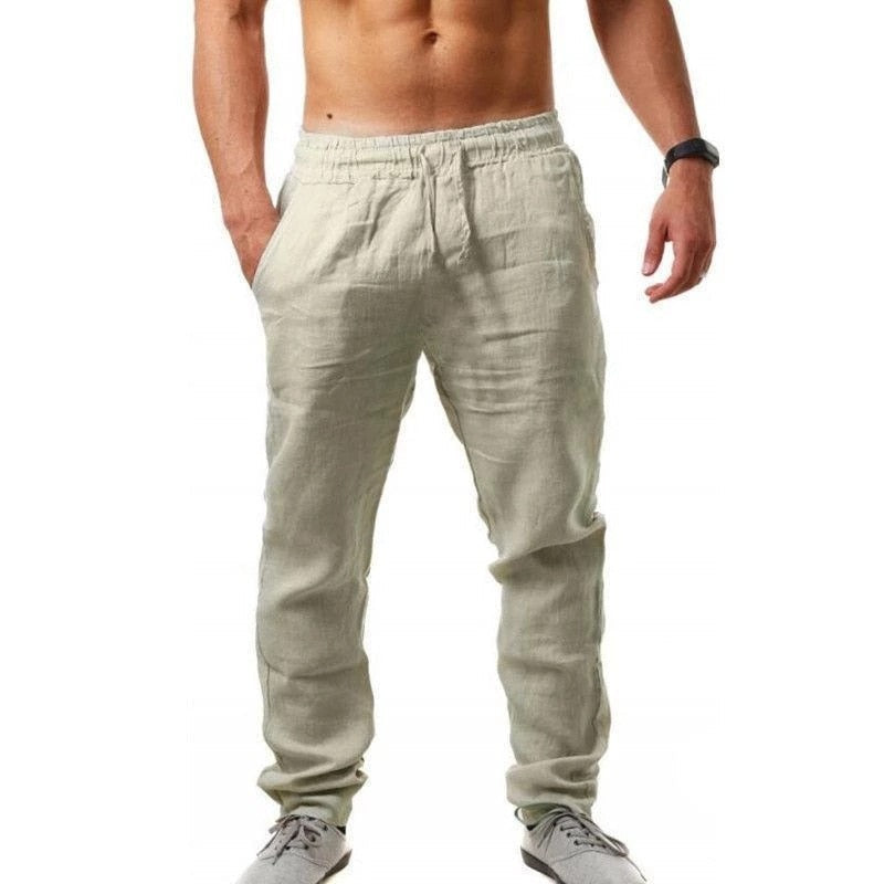 Men's Linen Trousers, Relaxed Fit Drawstring Lightweight Summer Beach Pants 10