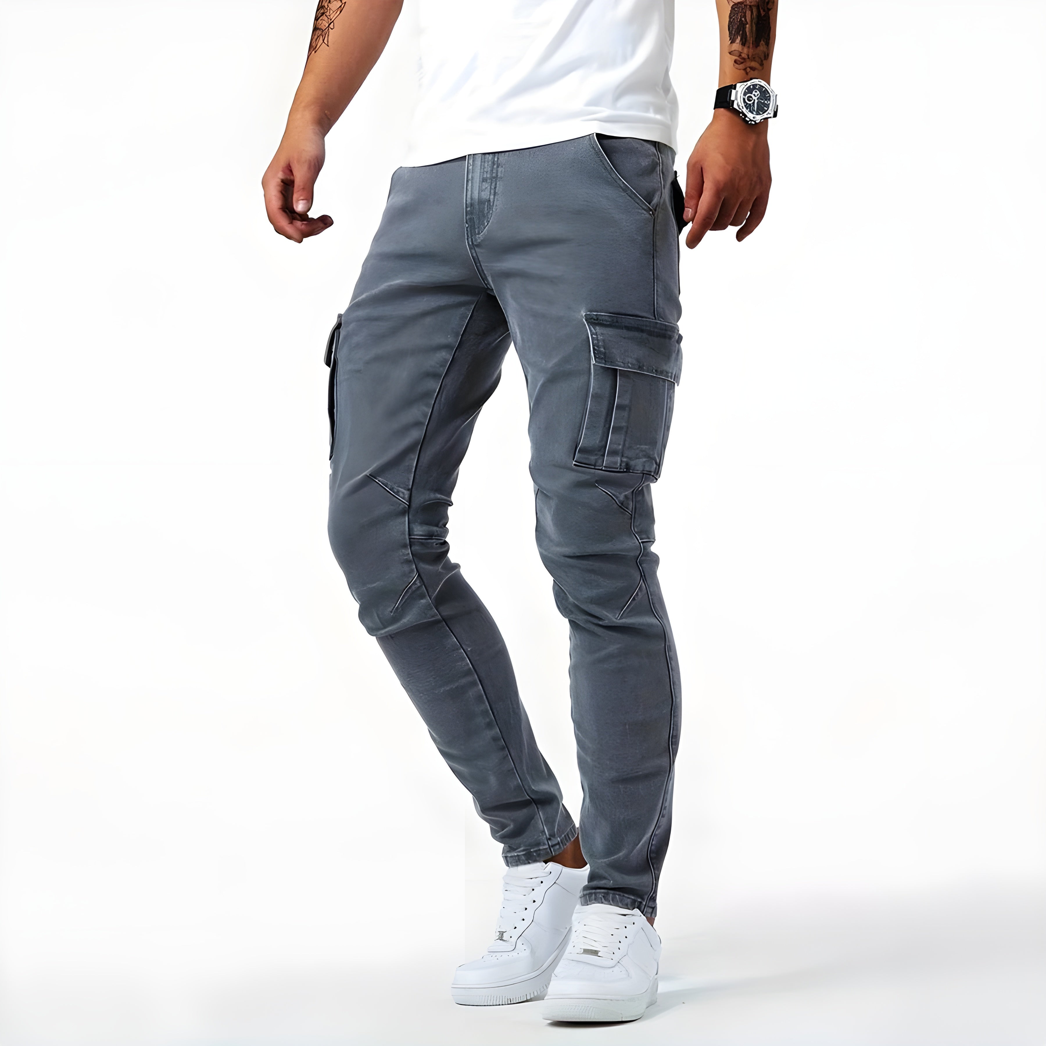 Men's Slim Fit Cargo Trousers, Multi-Pocket Tapered Casual Utility Combat Pants 2