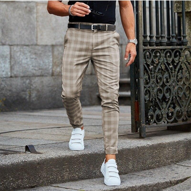 Men's Checked Chino Trousers, Slim Fit Low Rise Casual Spring Summer Smart Trousers 2