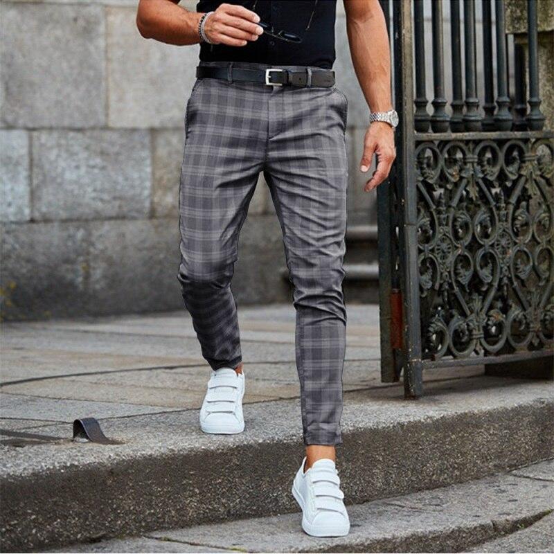Men's Checked Chino Trousers, Slim Fit Low Rise Casual Spring Summer Smart Trousers 4