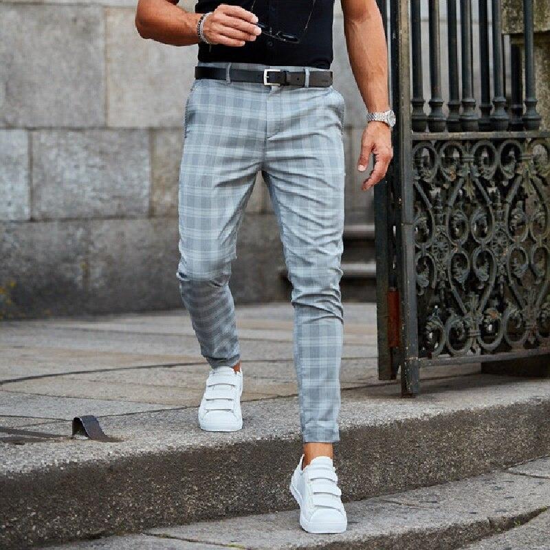Men's Checked Chino Trousers, Slim Fit Low Rise Casual Spring Summer Smart Trousers 3
