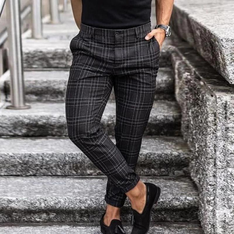 Men's Checked Chino Trousers, Slim Fit Low Rise Casual Spring Summer Smart Trousers 1