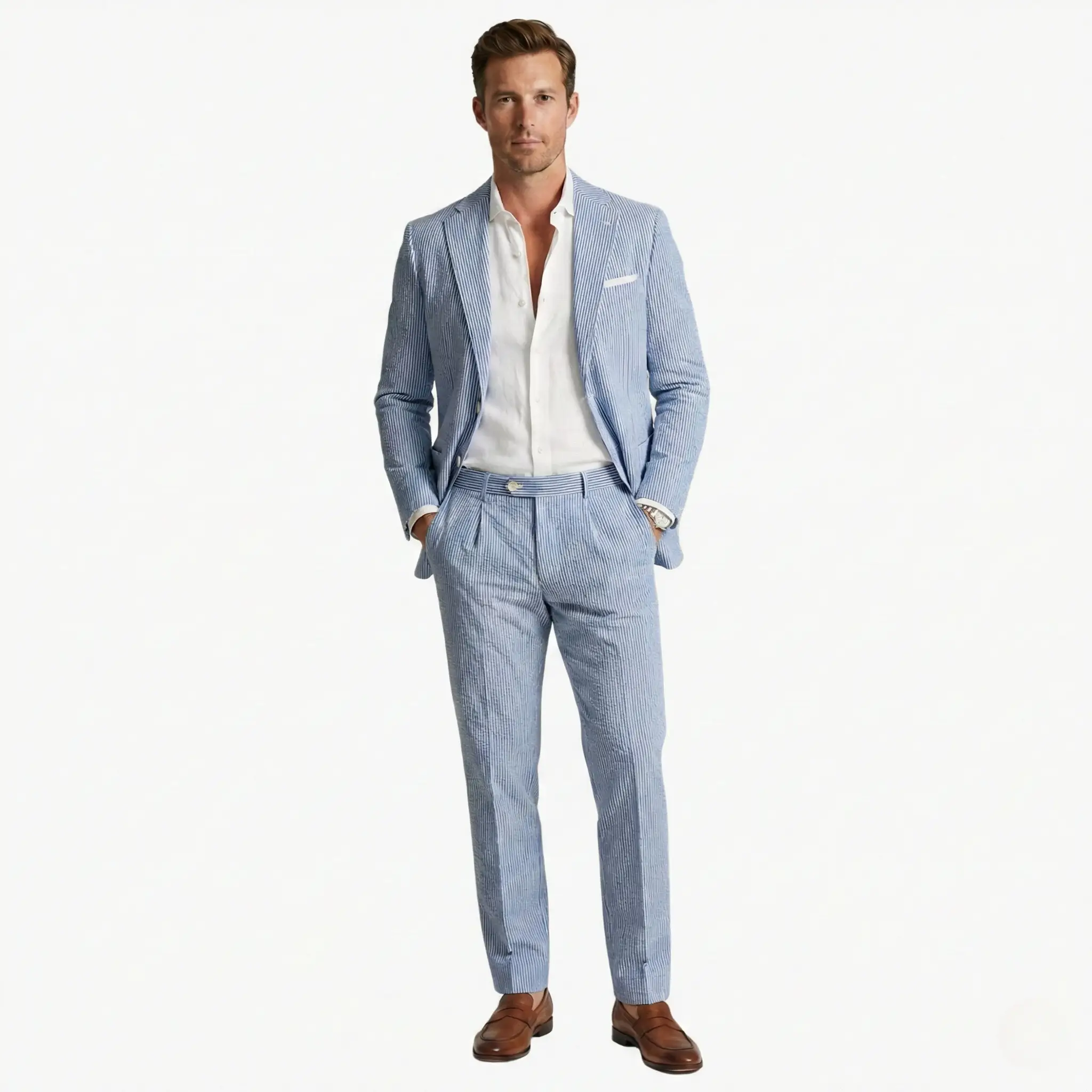 Men's Pinstripe Summer Suit, 2 Piece Slim Fit Blazer & Trousers Set for Smart Casual Events 10