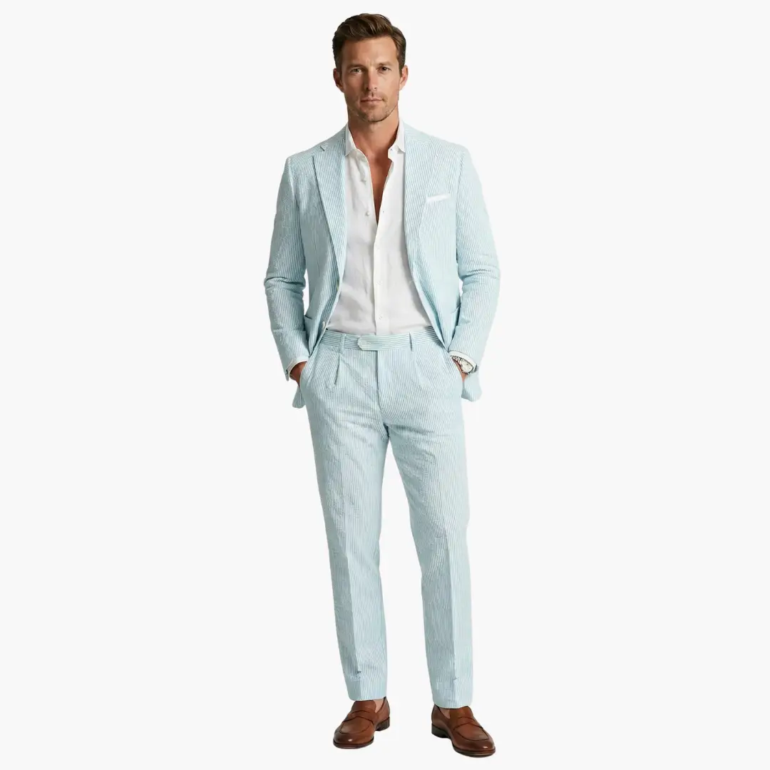 Men's Pinstripe Summer Suit, 2 Piece Slim Fit Blazer & Trousers Set for Smart Casual Events 1