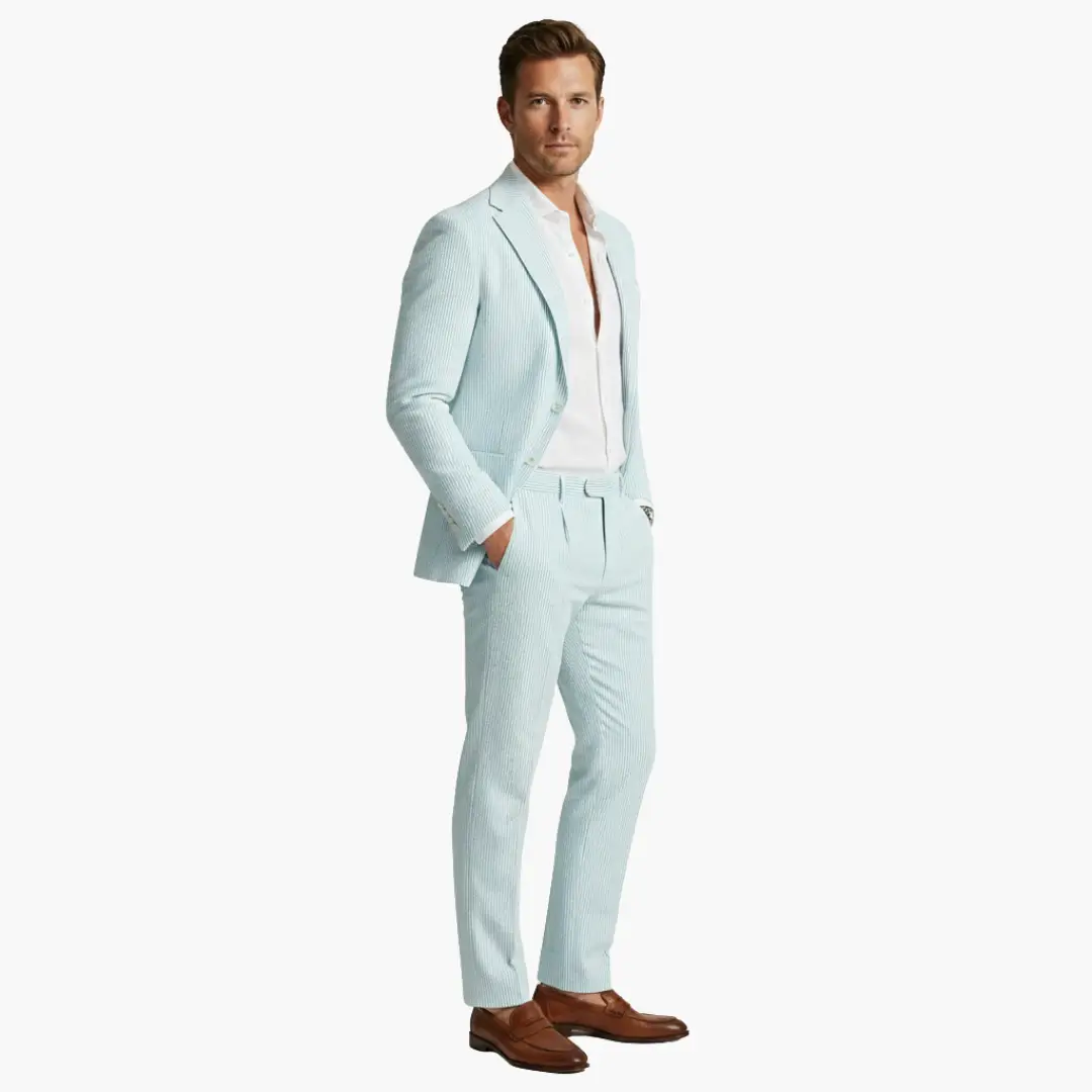 Men's Pinstripe Summer Suit, 2 Piece Slim Fit Blazer & Trousers Set for Smart Casual Events 4