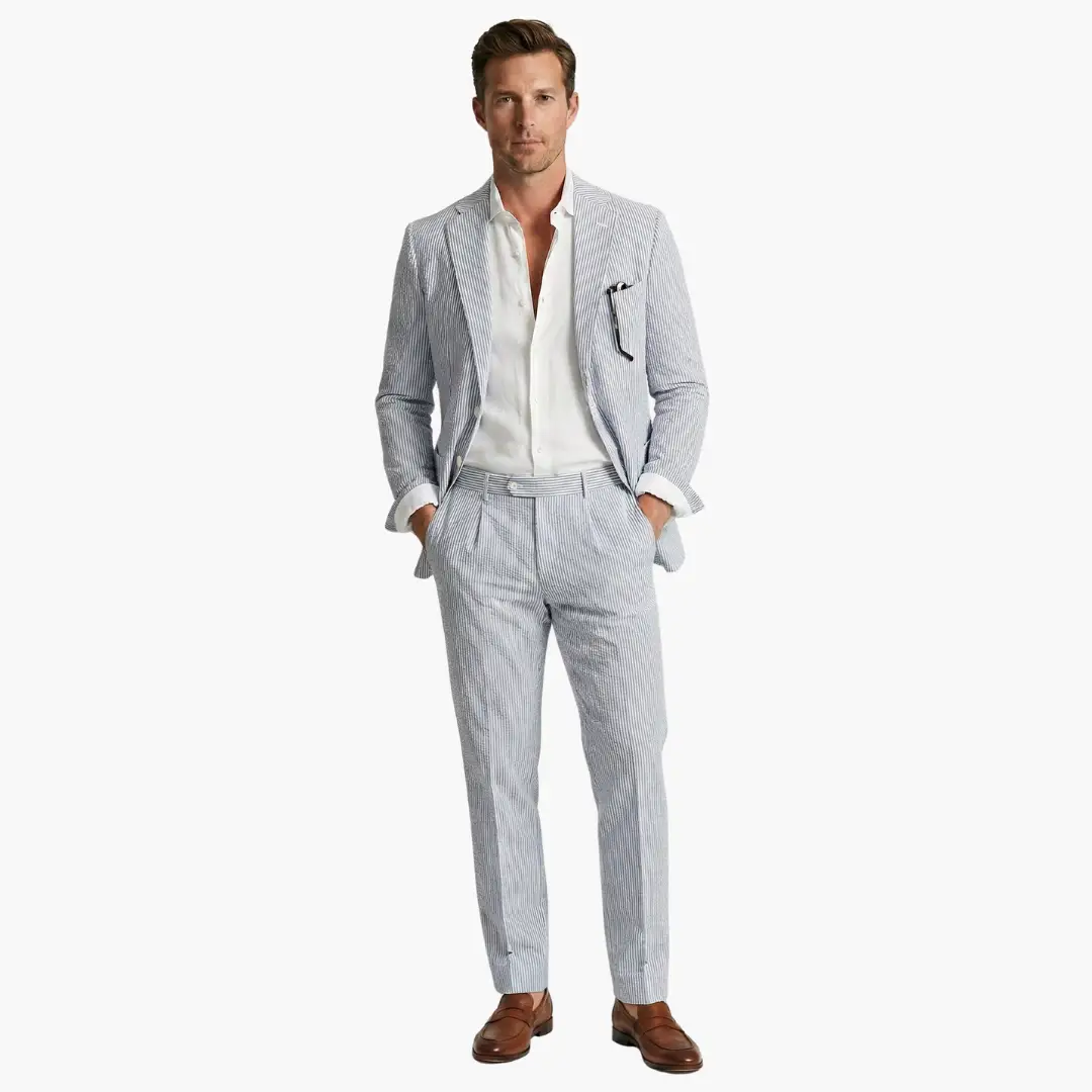 Men's Pinstripe Summer Suit, 2 Piece Slim Fit Blazer & Trousers Set for Smart Casual Events 9