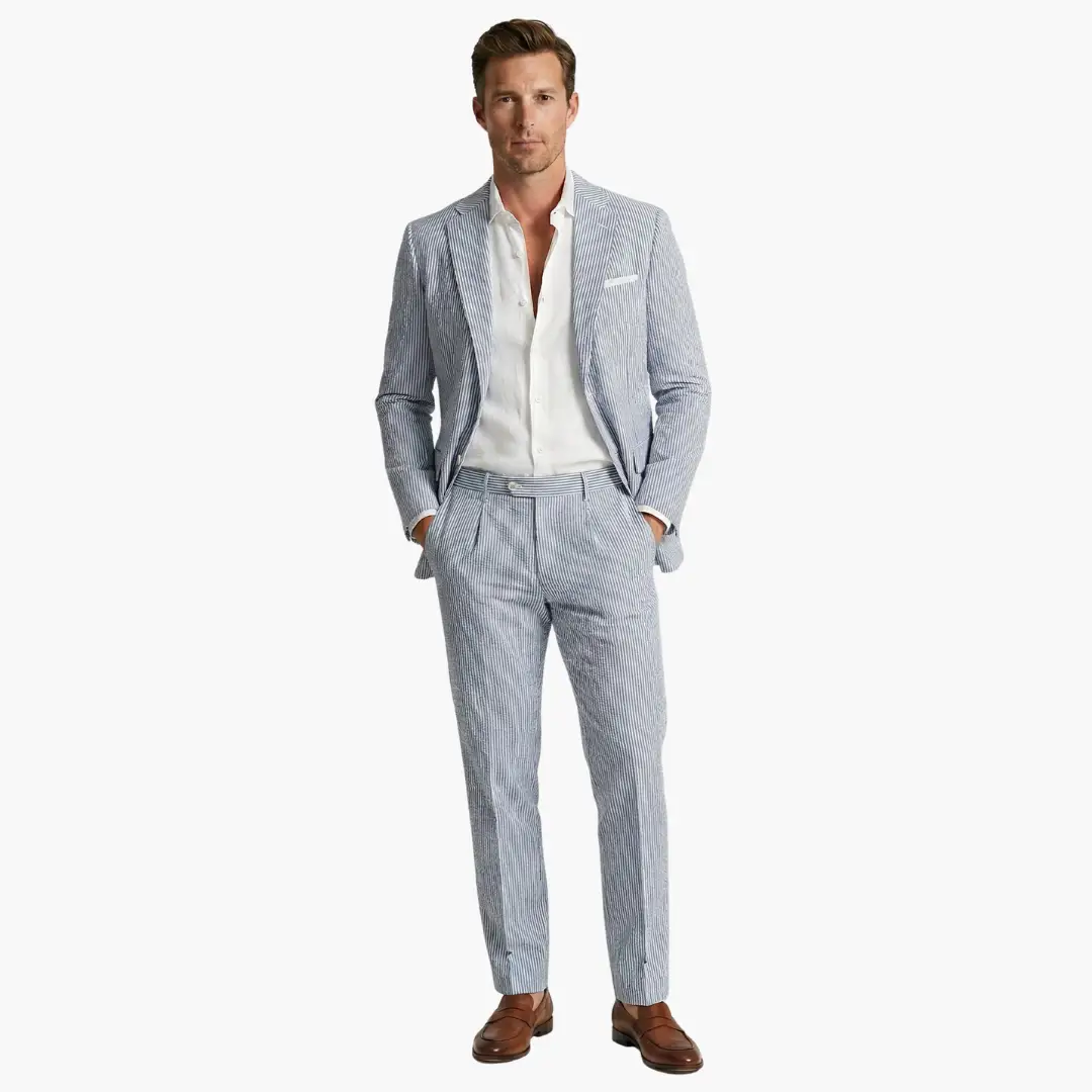 Men's Pinstripe Summer Suit, 2 Piece Slim Fit Blazer & Trousers Set for Smart Casual Events 7
