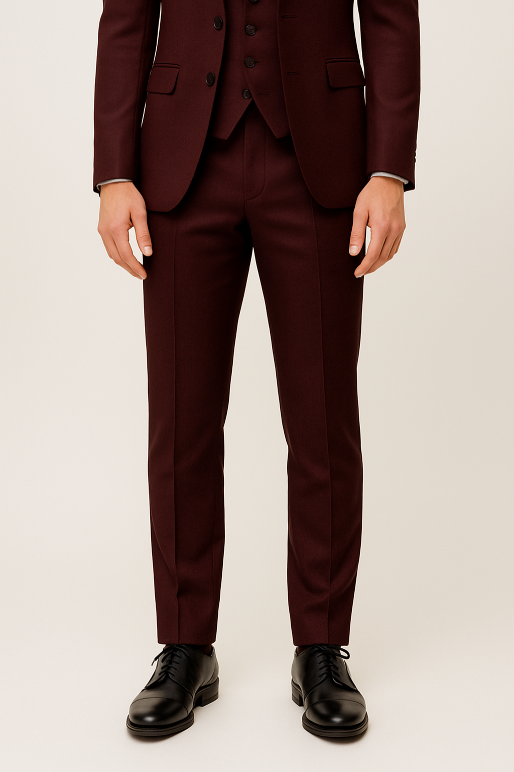 Men's 3 Piece Formal Suit, Slim Fit Tailored Blazer, Waistcoat & Trousers Set in Burgundy 4