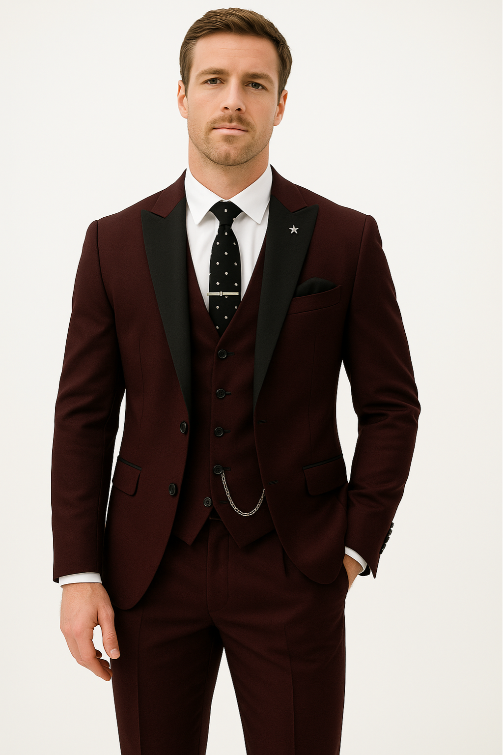 Men's 3 Piece Formal Suit, Slim Fit Tailored Blazer, Waistcoat & Trousers Set in Burgundy 1