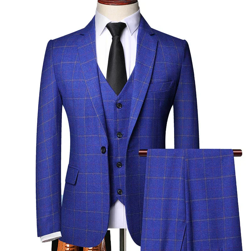 Men's 3 Piece Check Suit, Slim Fit Tailored Blazer Waistcoat & Trousers for Weddings 1