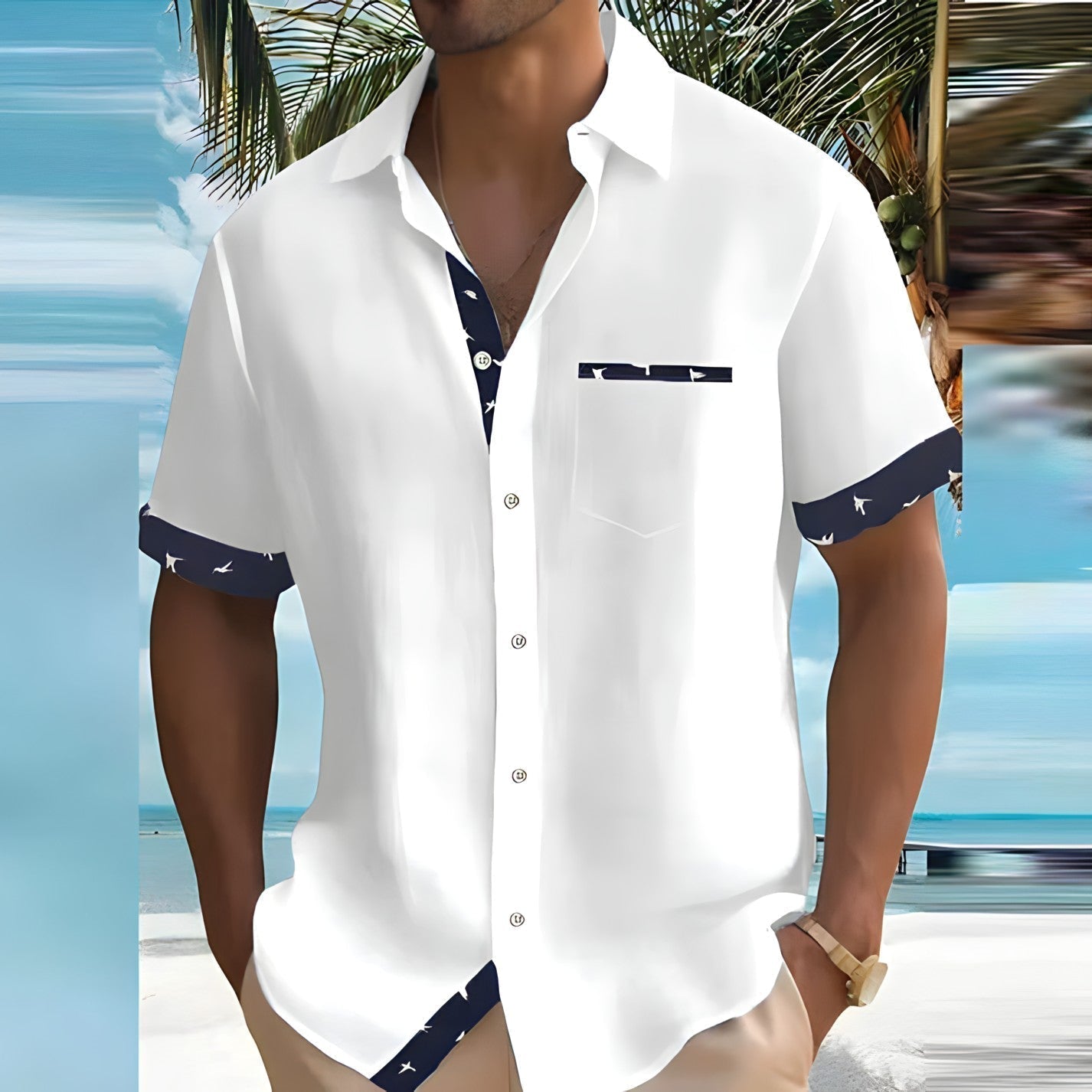 Men's Camp Collar Shirt, Short Sleeve Casual Lightweight Summer Shirt with Contrast Trim 2
