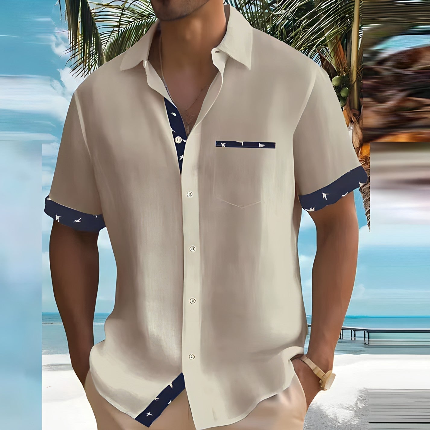 Men's Camp Collar Shirt, Short Sleeve Casual Lightweight Summer Shirt with Contrast Trim 1