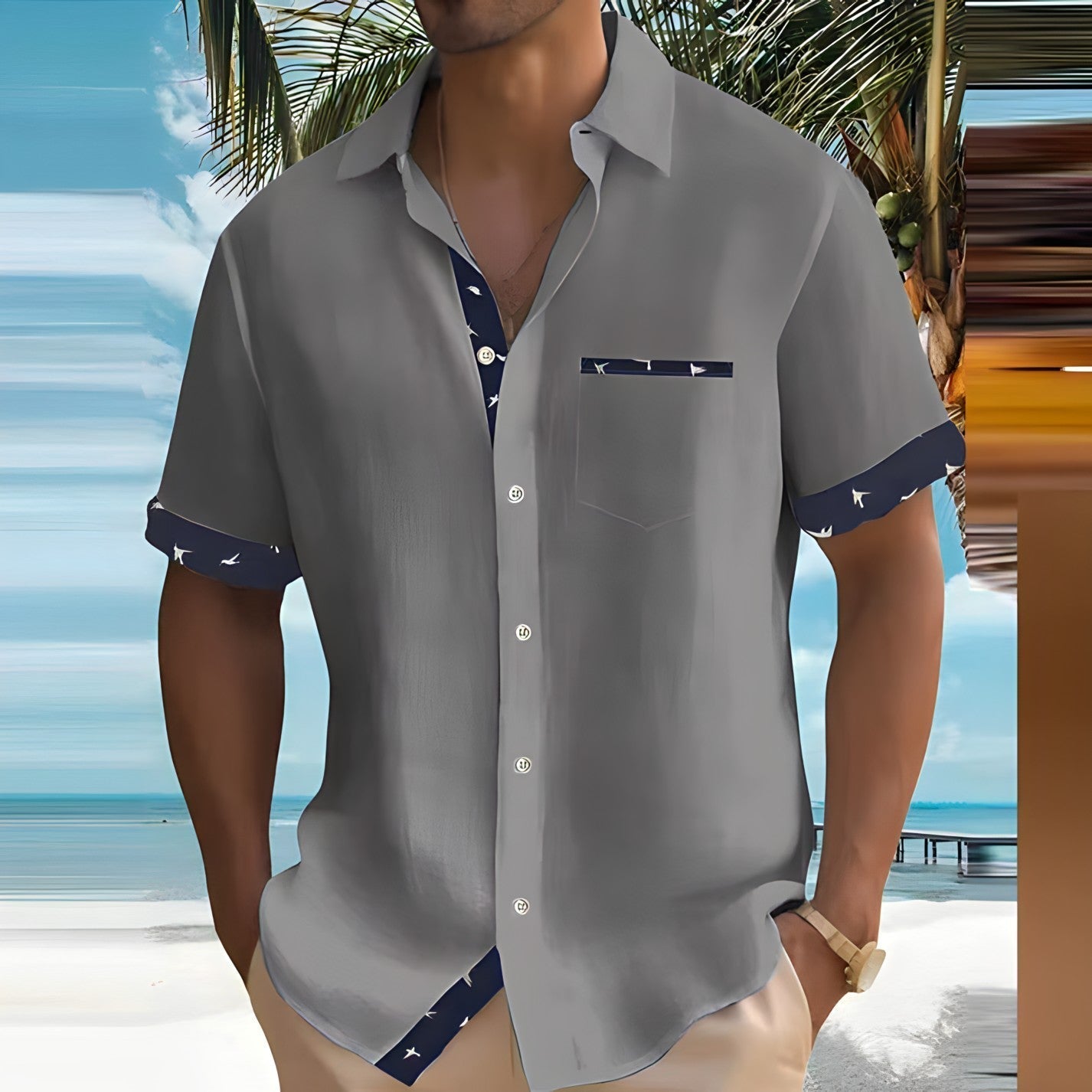 Men's Camp Collar Shirt, Short Sleeve Casual Lightweight Summer Shirt with Contrast Trim 4