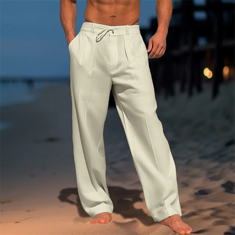 Men's Relaxed Fit Trousers, Lightweight Drawstring Casual Summer Beach Trousers with Pockets 4