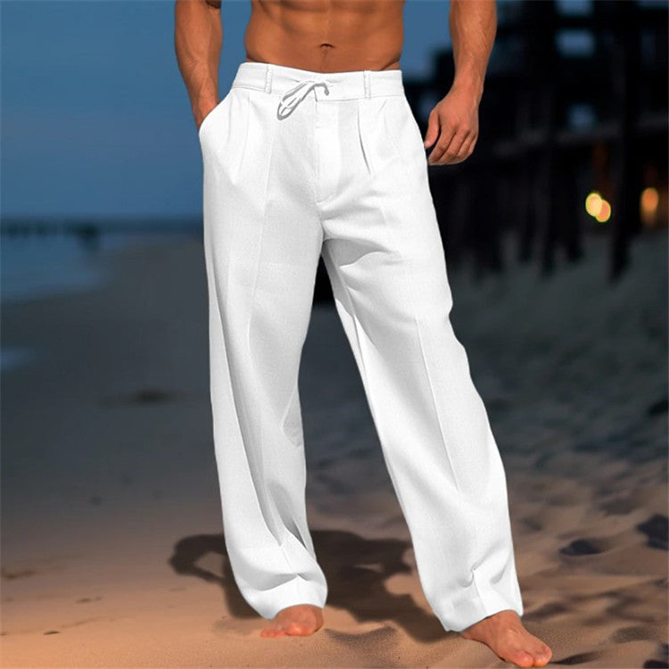 Men's Relaxed Fit Trousers, Lightweight Drawstring Casual Summer Beach Trousers with Pockets 1