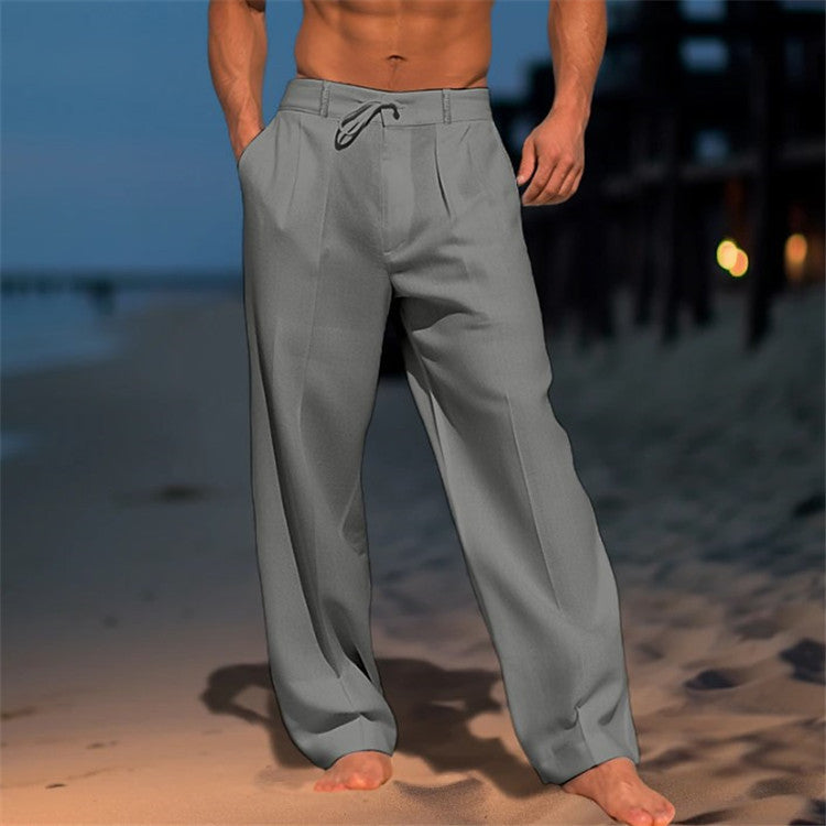 Men's Relaxed Fit Trousers, Lightweight Drawstring Casual Summer Beach Trousers with Pockets 2
