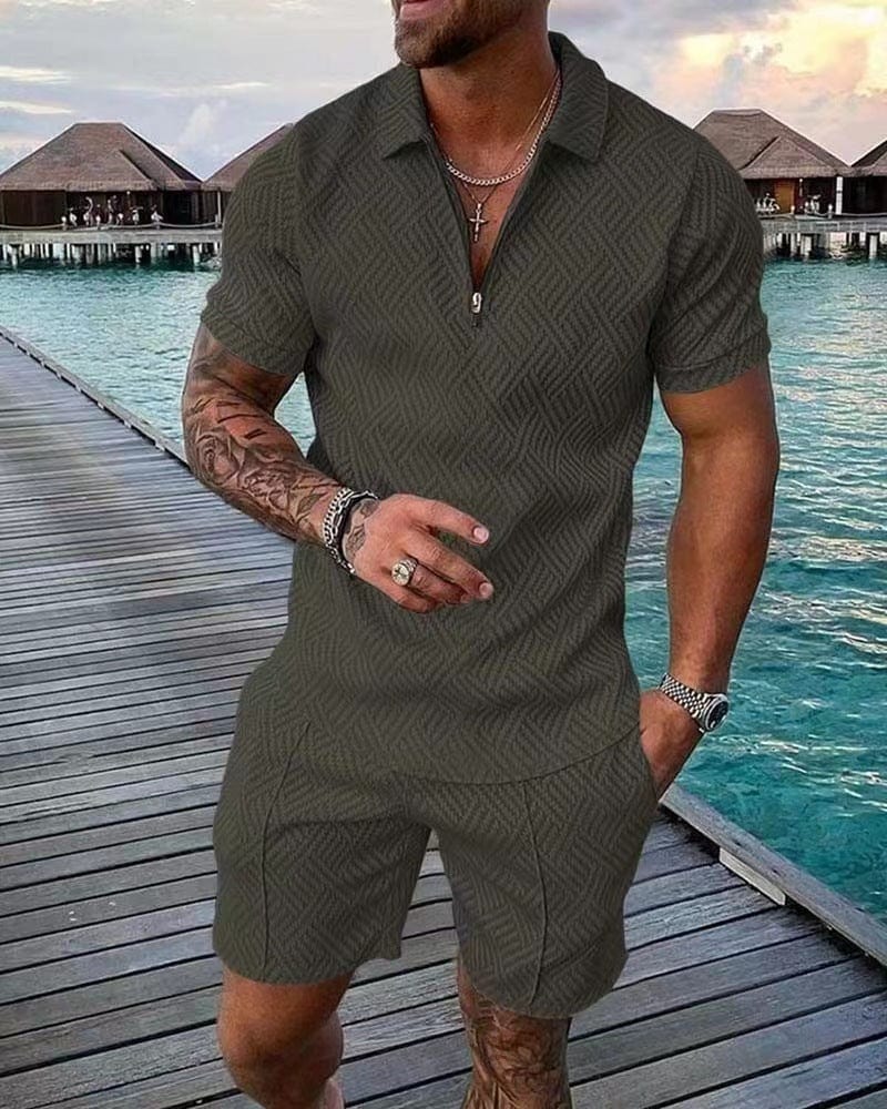 Men's Summer 2 Piece Set, Casual Zip-Up T-Shirt & Shorts Co-Ord Tracksuit Outfit 3