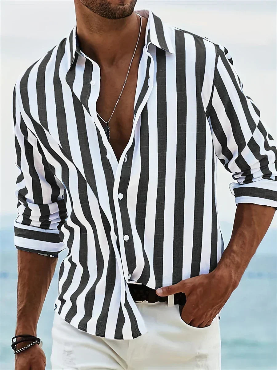 Men's Striped Long Sleeve Shirt, Slim Fit Button-Down Smart Casual Cotton Shirt 5