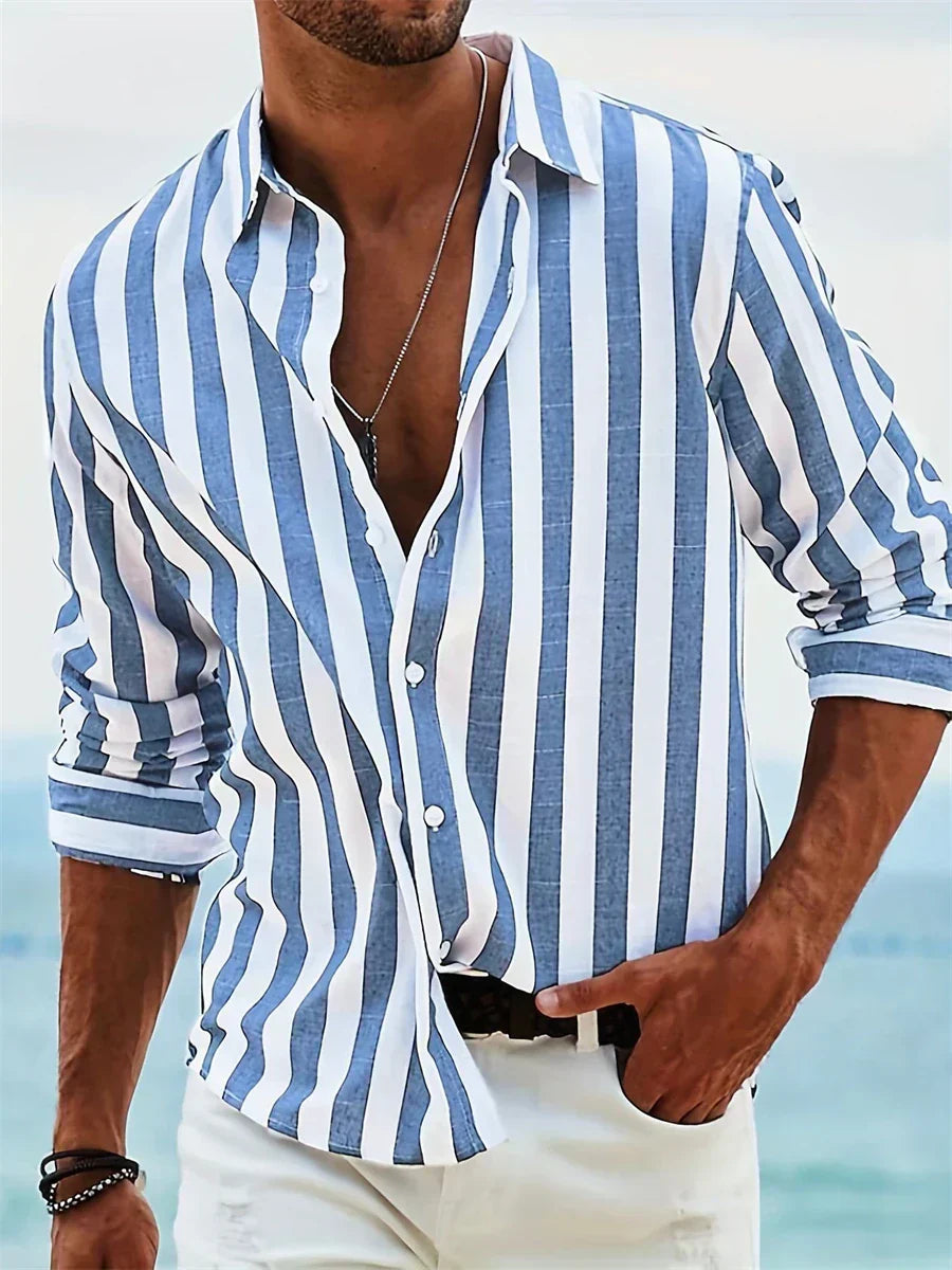 Men's Striped Open Collar Shirt, Lightweight Relaxed Fit Summer Casual Camp Collar Shirt 1