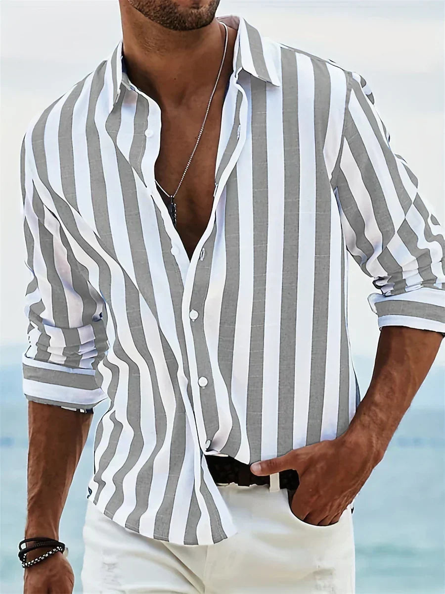 Men's Striped Open Collar Shirt, Lightweight Relaxed Fit Summer Casual Camp Collar Shirt 6