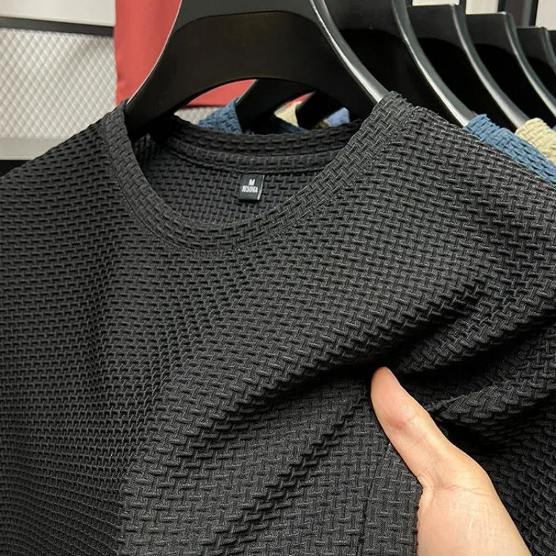 Men's Textured Crew Neck T-Shirt, Short Sleeve Slim Fit Casual Cotton Summer Top 1