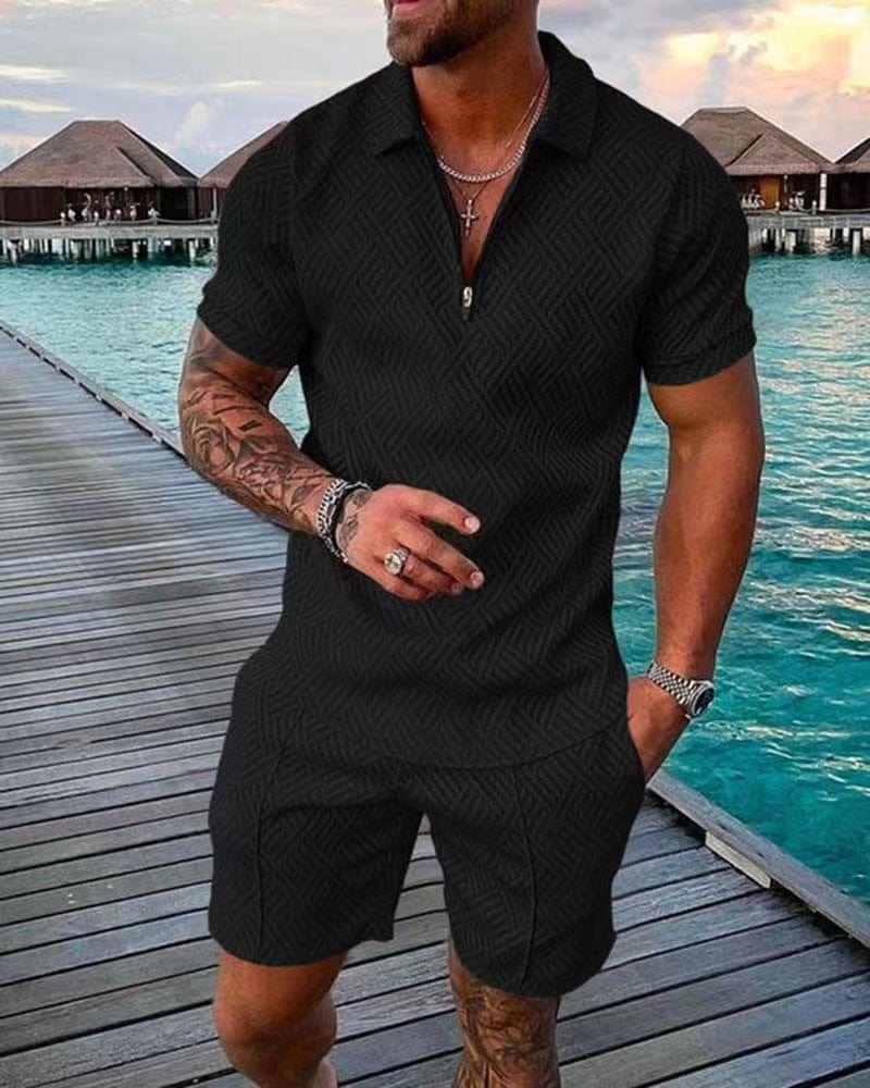 Men's Summer 2 Piece Set, Casual Zip-Up T-Shirt & Shorts Co-Ord Tracksuit Outfit 1