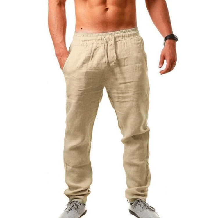Men's Linen Trousers, Relaxed Fit Drawstring Lightweight Summer Beach Pants 2