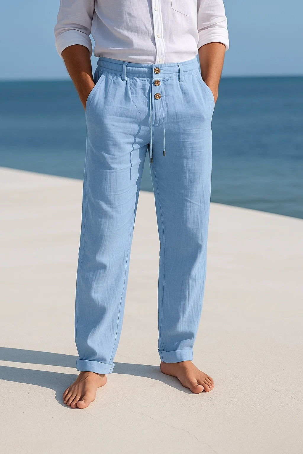 Men's Linen Trousers, Lightweight Drawstring Relaxed Fit Casual Summer Trousers with Pockets 7